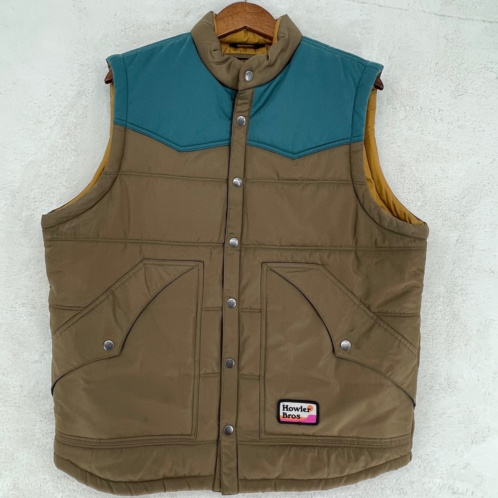 Howler Brothers Rounder Vest Mens Large Brown Teal Western Yoke Quilted Puffer